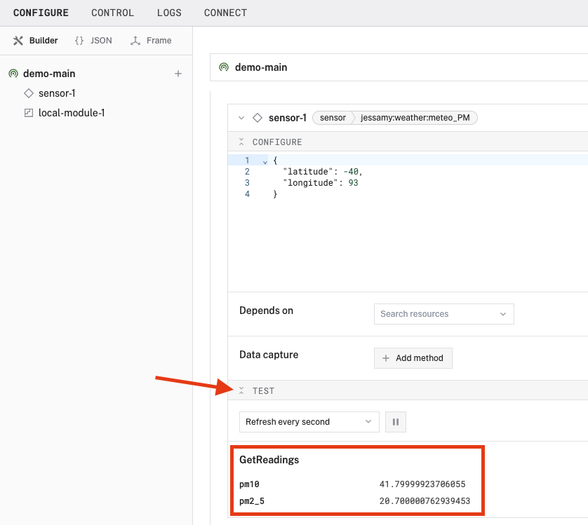 The test section of an example modular sensor, with readings displayed.